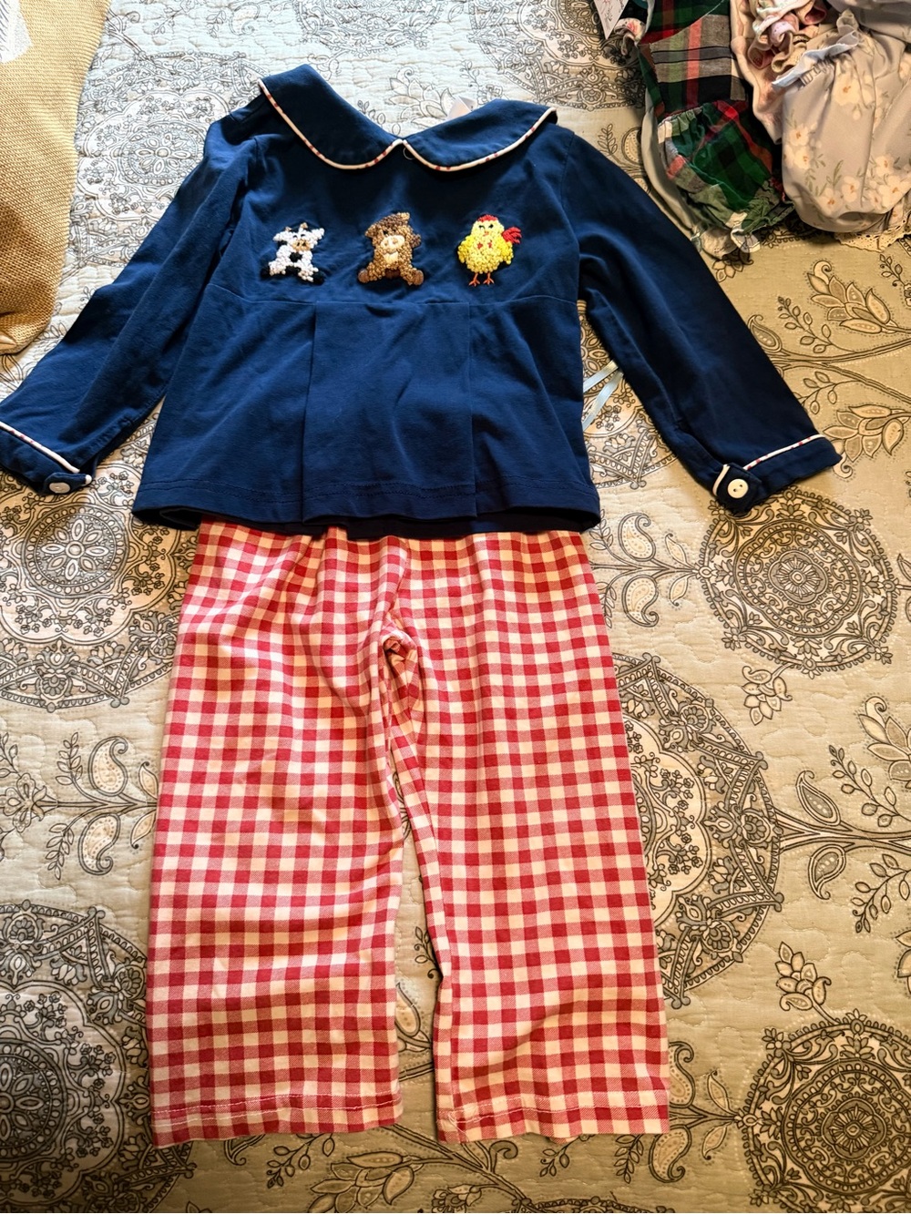 Kids Navy Blue Animal Applique Pajama Set with Red Gingham Pants